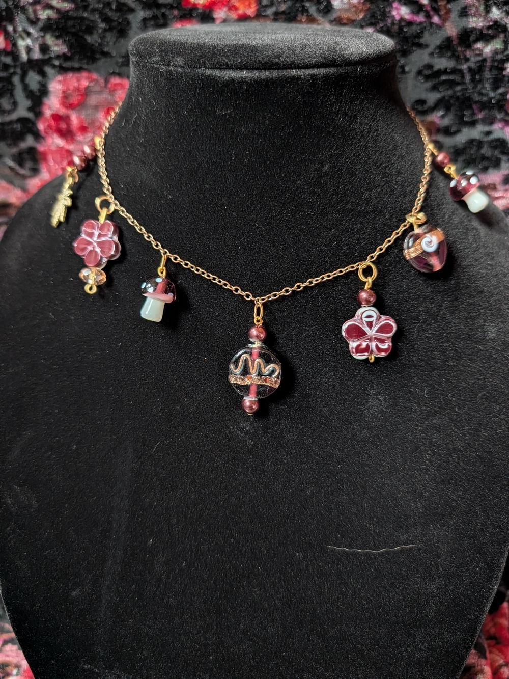 Gold Tone Charm Necklace with Burgundy Flower and Glass Beads Handmade